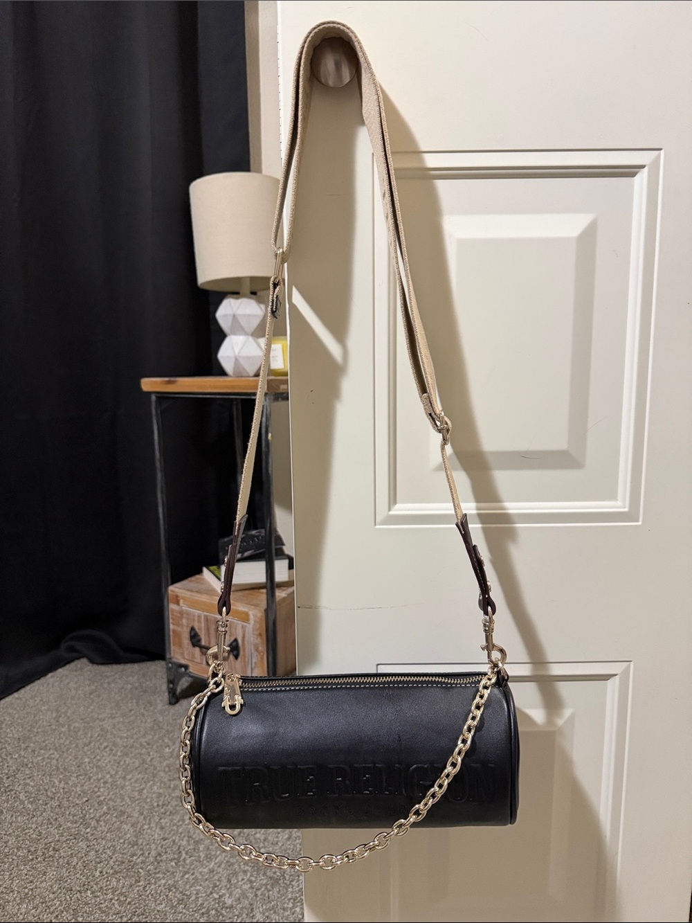 True Religion Black Mini Barrel Bag with Gold Chain